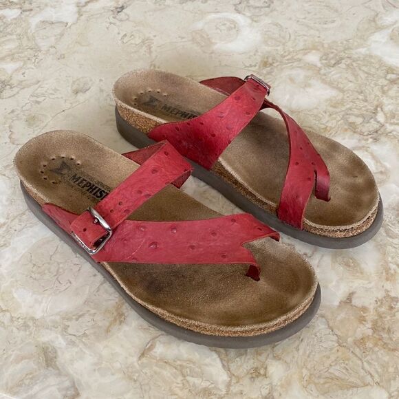 Mephisto Helen Air Relax Ostrich Embossed Red Leather Women’s Sandals - Picture 1 of 16